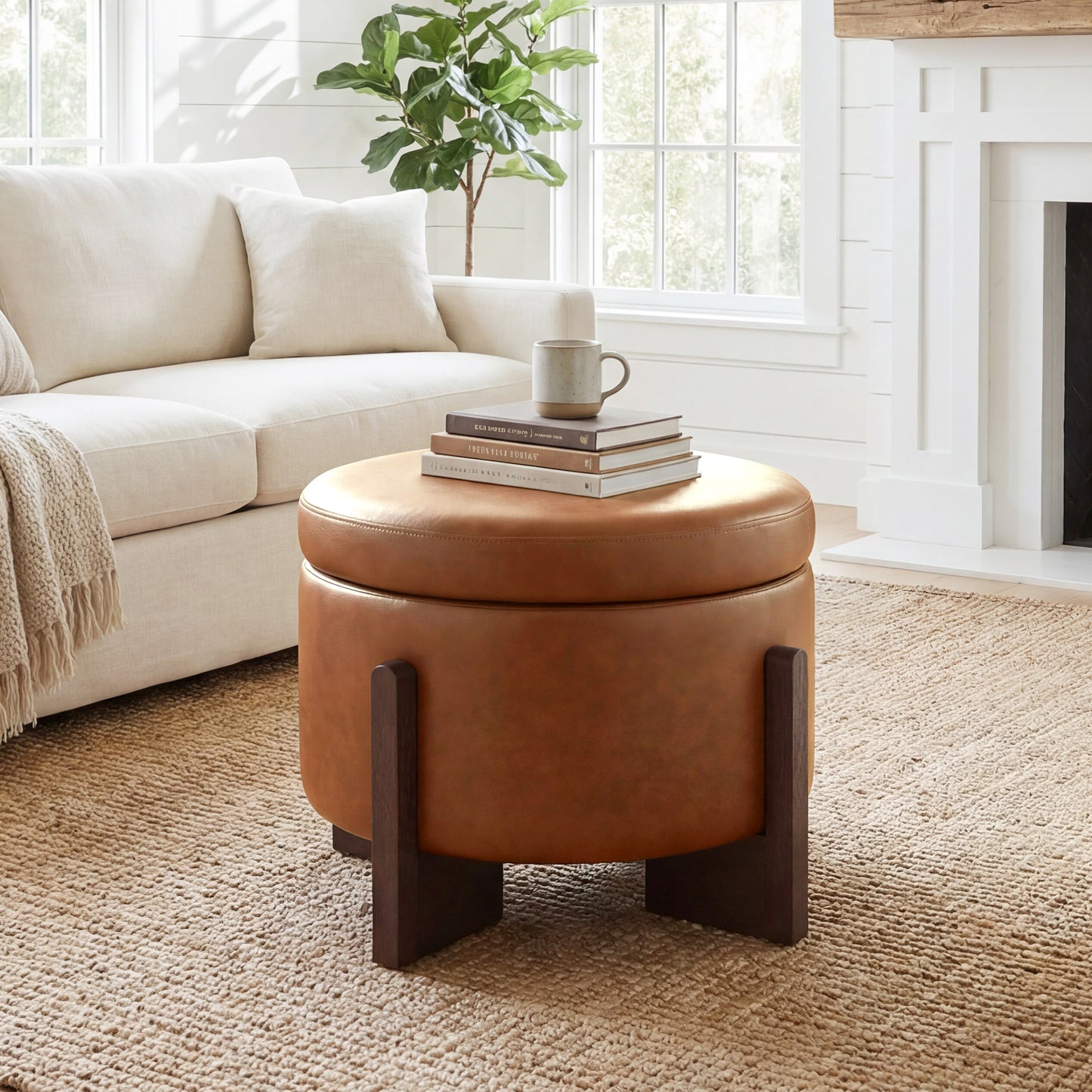 Poshby 23'' Round Faux Leather Ottoman Coffee Table with Storage, Solid Wood for Living Room, Beige