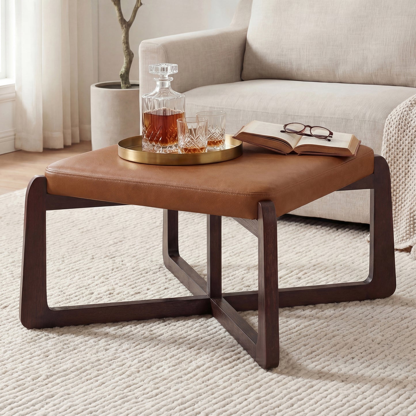 Poshby 24'' Square Faux Leather Ottoman Coffee Table with Solid Wood Legs for Living Room, Beige