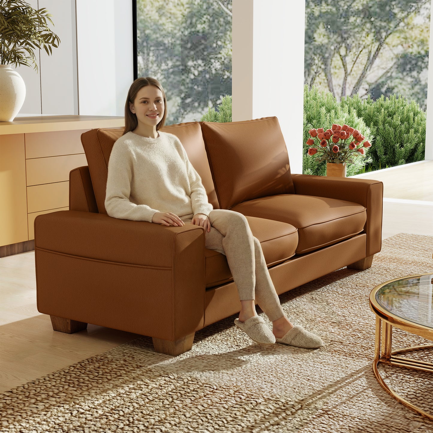 Mid-Century Modern 2-Seater 3-Seater Faux Leather Sofa (Brown)