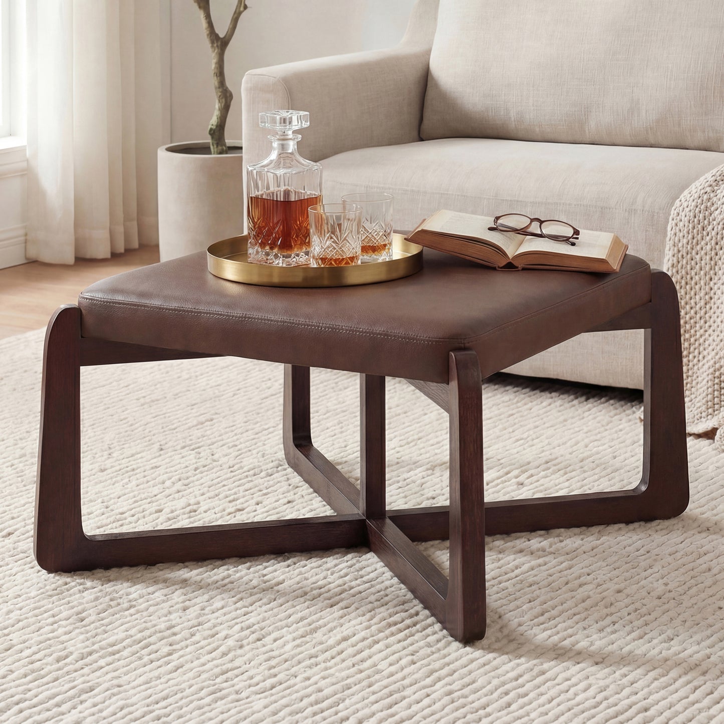 Poshby 24'' Square Faux Leather Ottoman Coffee Table with Solid Wood Legs for Living Room, Beige