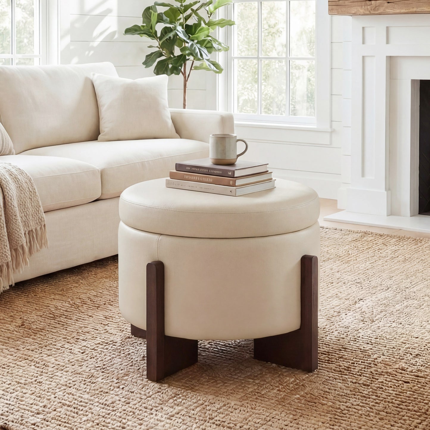 Poshby 23'' Round Faux Leather Ottoman Coffee Table with Storage, Solid Wood for Living Room, Beige
