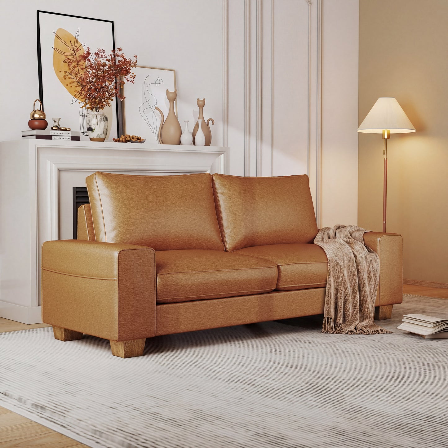 Poshby 71.25'' Faux Leather Counch Loveseat Sofa with Side Pockets, Wide Arm for Living Room