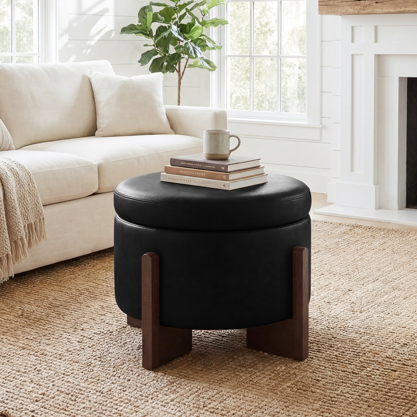 Poshby 23'' Round Faux Leather Ottoman Coffee Table with Storage, Solid Wood for Living Room, Beige
