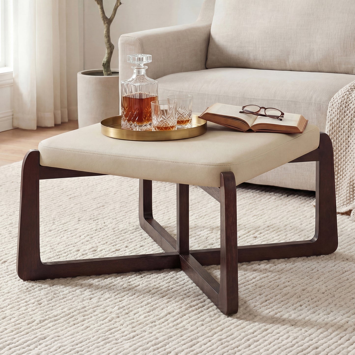 Poshby 24'' Square Faux Leather Ottoman Coffee Table with Solid Wood Legs for Living Room, Beige