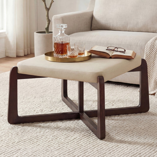 Poshby 24'' Square Faux Leather Ottoman Coffee Table with Solid Wood Legs for Living Room, Beige