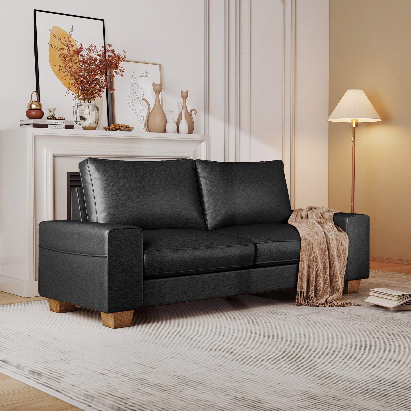 Poshby 71.25'' Faux Leather Counch Loveseat Sofa with Side Pockets, Wide Arm for Living Room