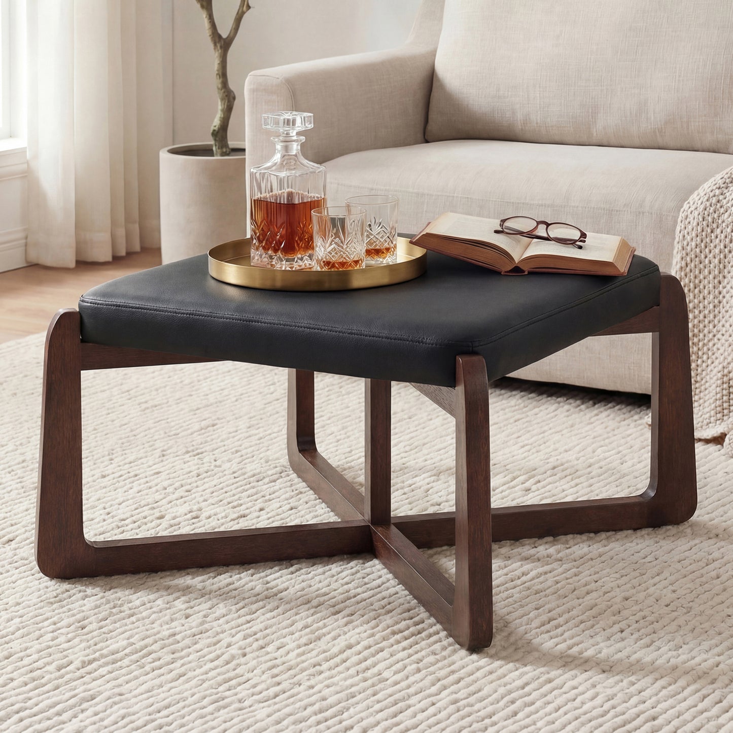 Poshby 24'' Square Faux Leather Ottoman Coffee Table with Solid Wood Legs for Living Room, Beige
