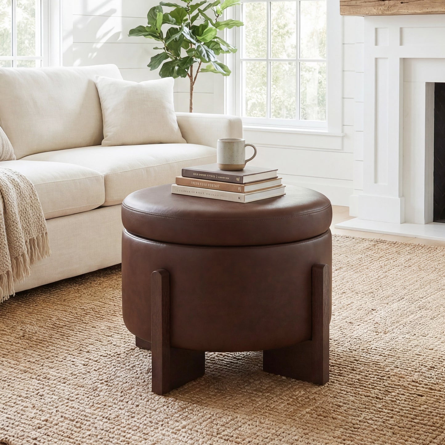 Poshby 23'' Round Faux Leather Ottoman Coffee Table with Storage, Solid Wood for Living Room, Beige