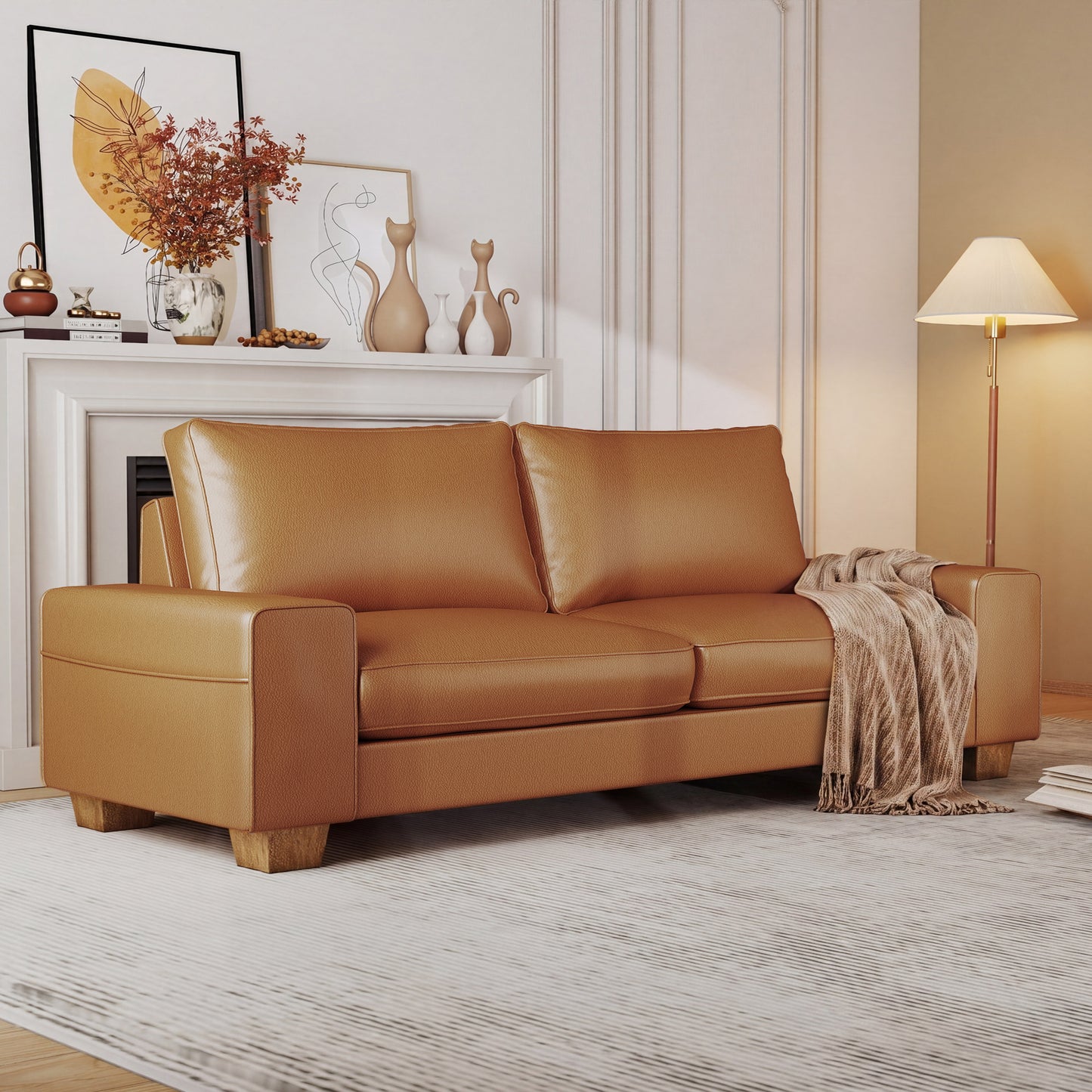 Poshby 88.58'' Faux Leather Counch Loveseat Sofa with Side Pockets, Wide Arm for Living Room
