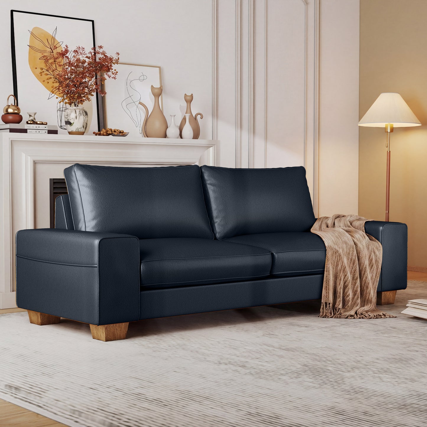 Poshby 88.58'' Faux Leather Counch Loveseat Sofa with Side Pockets, Wide Arm for Living Room