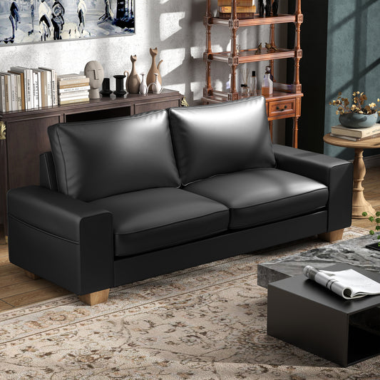 Mid-Century Modern 2-Seater 3-Seater Faux Leather Sofa (Black)