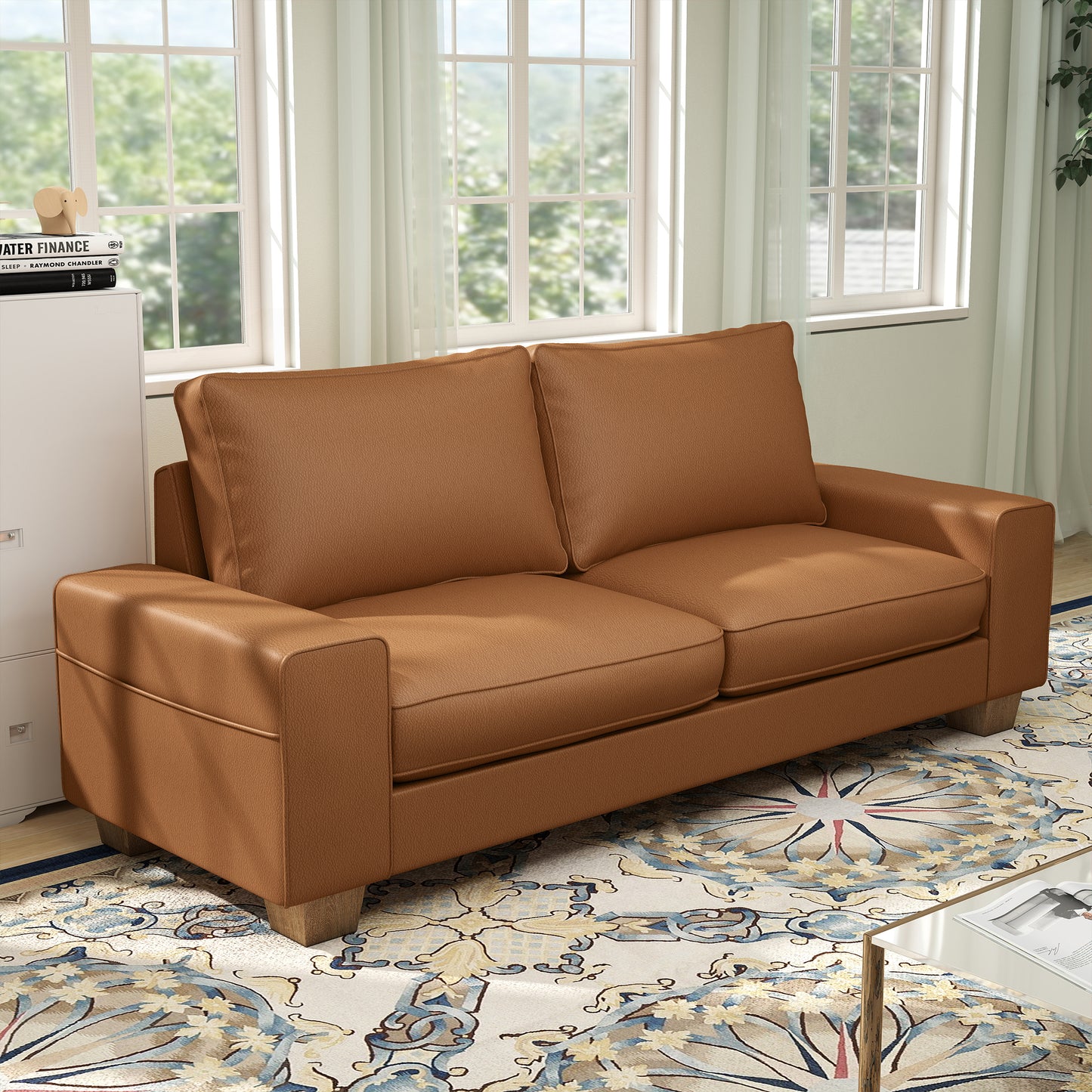 Mid-Century Modern 2-Seater 3-Seater Faux Leather Sofa (Brown)