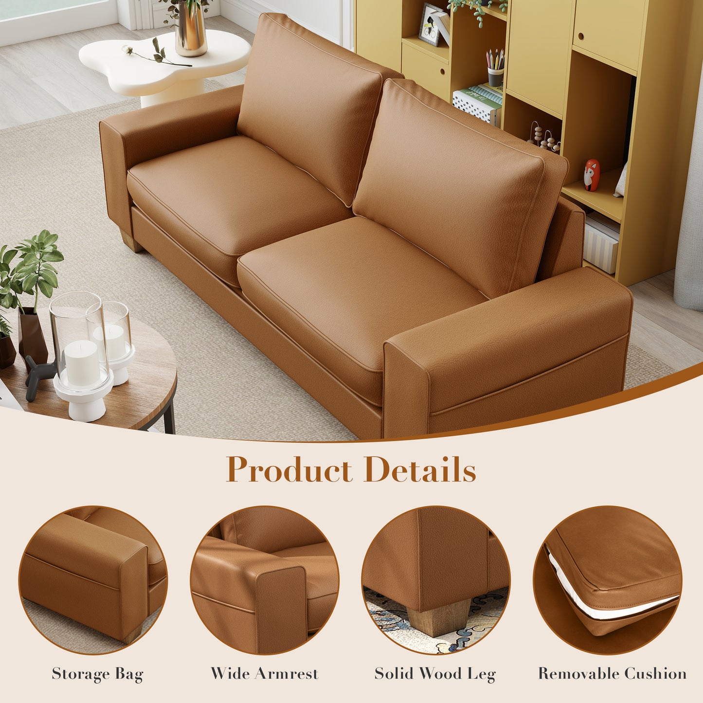 Mid-Century Modern 2-Seater 3-Seater Faux Leather Sofa (Brown)