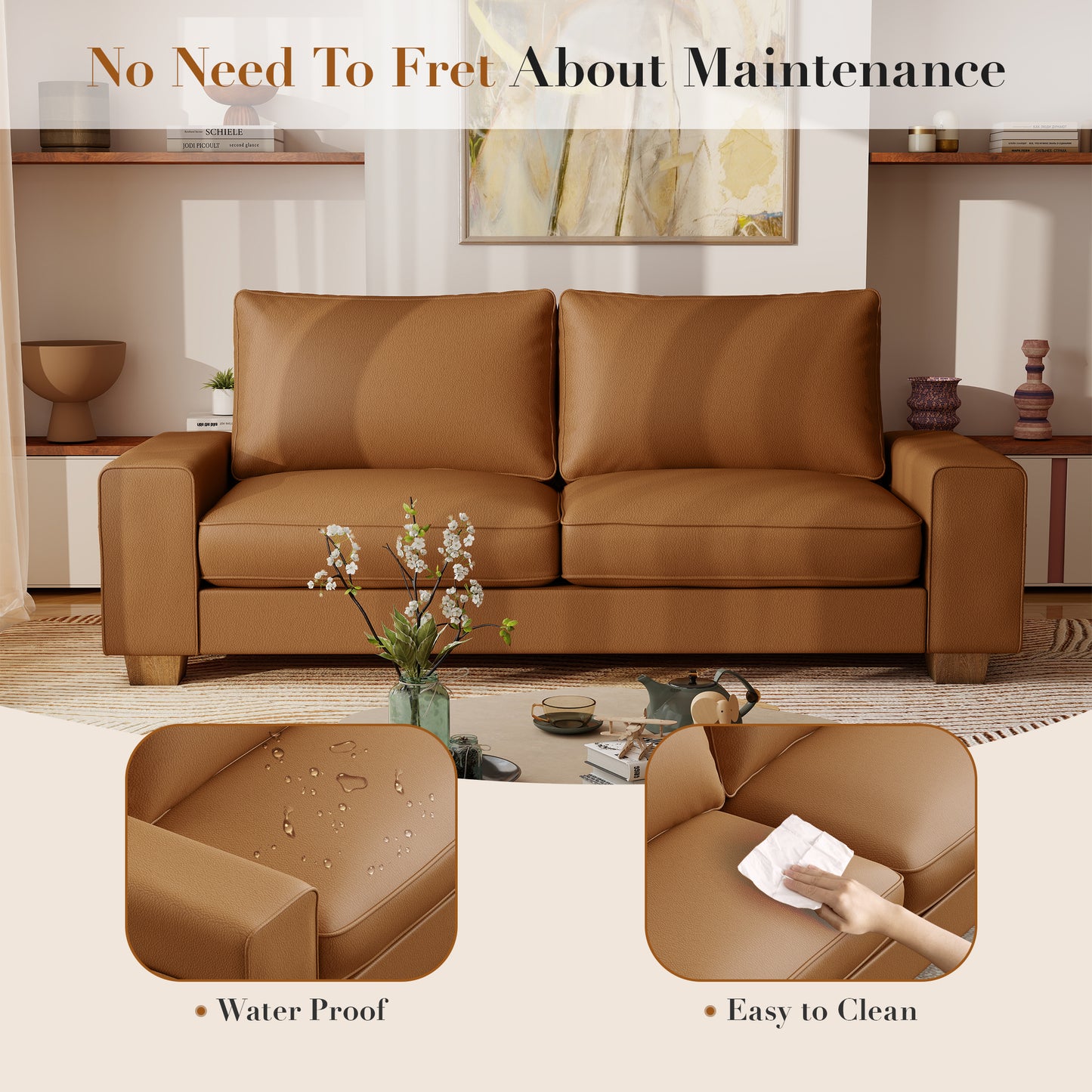 Mid-Century Modern 2-Seater 3-Seater Faux Leather Sofa (Brown)